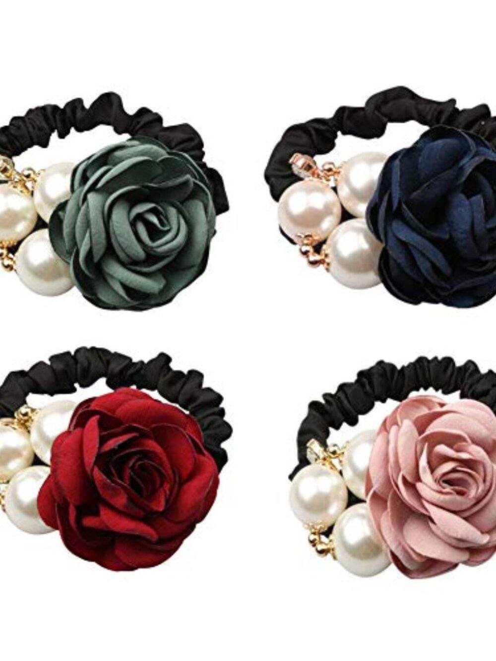 4Pcs Korean Fashion Pearl Hair Rope Rose Flower Rhinestone Hair Ties/ Jewelry Ru